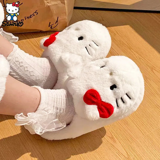 Sanrio Hello Kitty Plush Slippers Anime Sanrio Plush Cotton Slipper Winter Warm Cartoon Cotton Shoes Hello Kitty Slippers Gifts