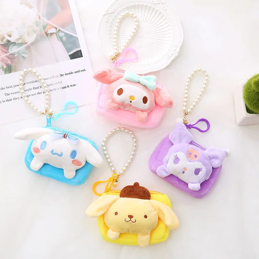 Kawaii Sanrio Doll Plush Bag Keychain Cinnamoroll Melody Pom Pom Purin Kuromi Wallet Cute Coin Purse Pendant Gifts For Girls