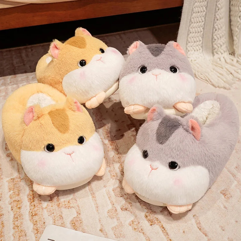 Cartoon Cute Warm Winter Slippers Kawaii Hamster Plush Shoes Soft Sole Flat Home Cotton Shoes Girl Women Adults Floor Shoes