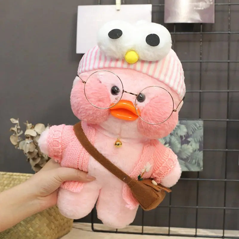 30cm Cute Cafe Pink Duck Stuffed Plush Animals Toy Wear Glasses And Clothes Soft Doll Girl Birthday Creative Gift For Girls