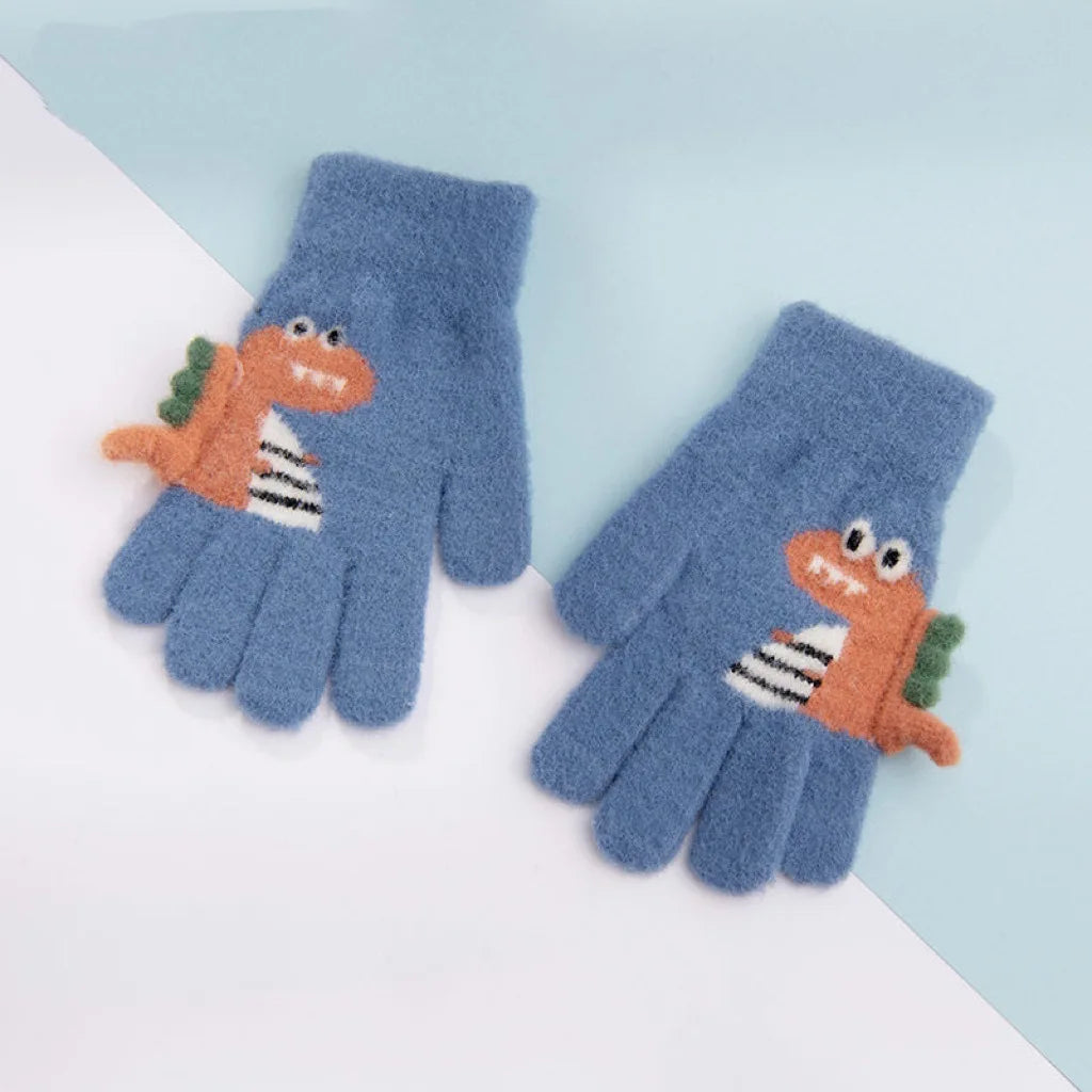 4-8 Year Old Winter Children's Thick Knitted Gloves Cartoon Dinosaur Warm Plush Children's Winter Children's Finger Gloves