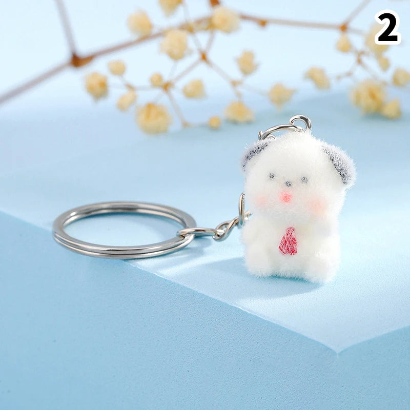 3D Flocking Polar Bear Keychain Cartoon Plush Animal Keyring Bag Pendant Car Key Holder Earphone Charm DIY Jewelry Accessor