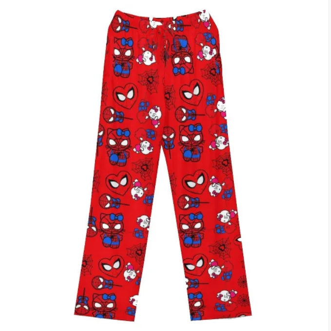 Sanrio Hello Kitty Spider Man Flannel Cartoon Thick Sleepwear For Women In Autumn And Winter Loose And Warm Pants For Wearing