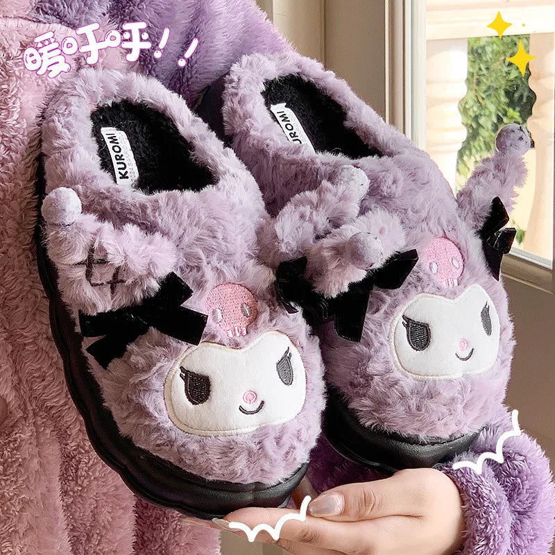 Sanrio Plush Slippers Kuromi Cotton Slippers Sweet Suitable Winter Home Slippers Thick Sole Keep Warm Cotton Shoe Christmas Gift