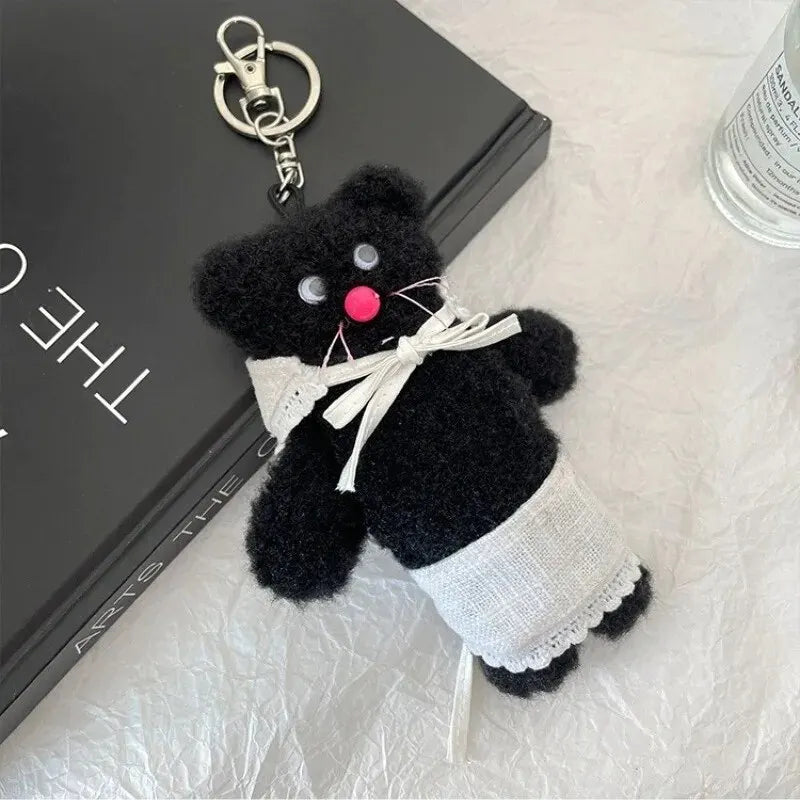 2024 Cute Black Bear Apron Head Cover Plush Keychain Kawaii Backpack Pendant Fashion Car Keyring Boy&Girls Women Bag Accessories