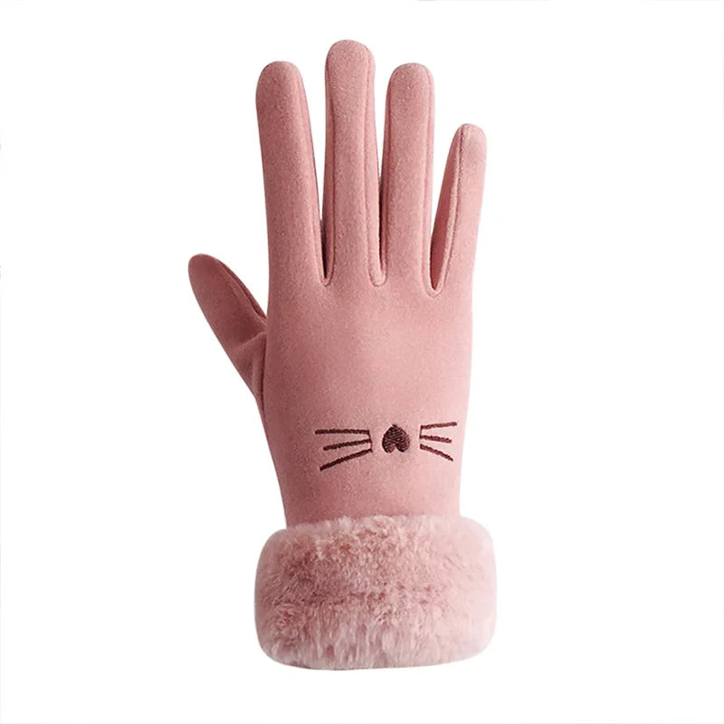 Winter Female Cashmere Warm Suede Leather Cycling Mittens Double Thick Velvet Plush Wrist Women Touch Screen Driving Gloves