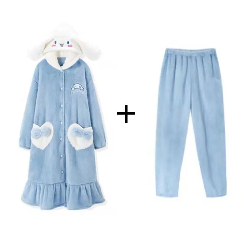 New Disney Cartoon Stitch Nightgown Suit Couple Design Luxury Plush Robes Hooded Pants Women Men Coral Fleece Pajamas Birthday