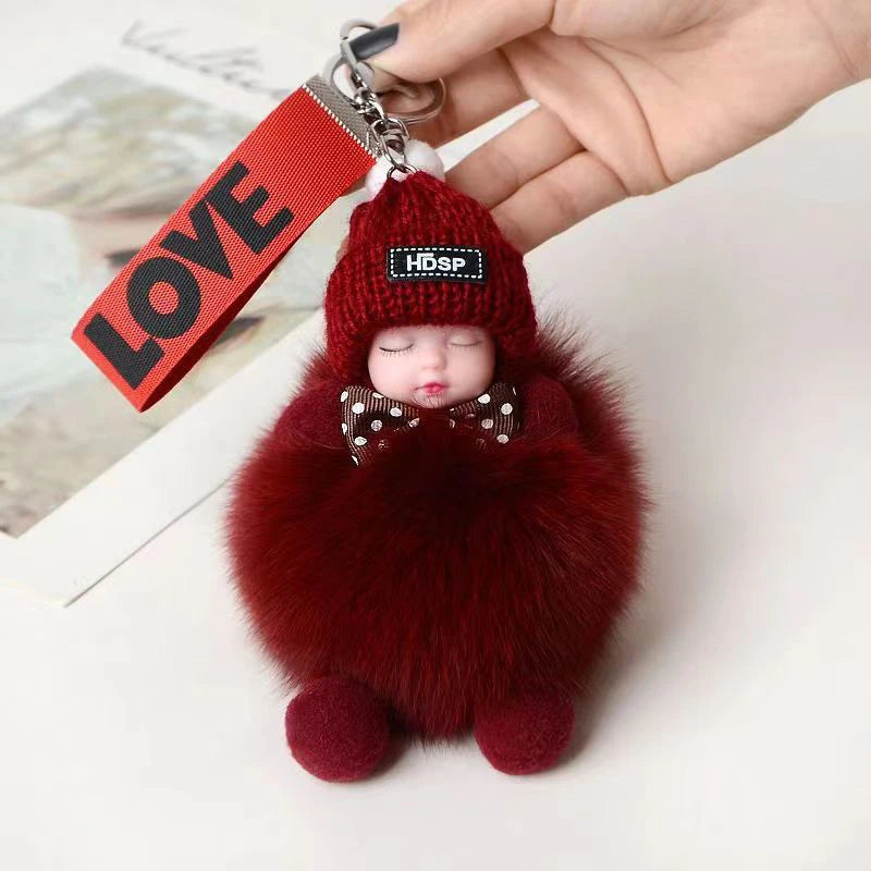 Cute Sleeping Baby Keychain Charm Cute Fluffy Plush Doll Car Keychain Fashion Women's Bag Charm Backpack Decoration Gift