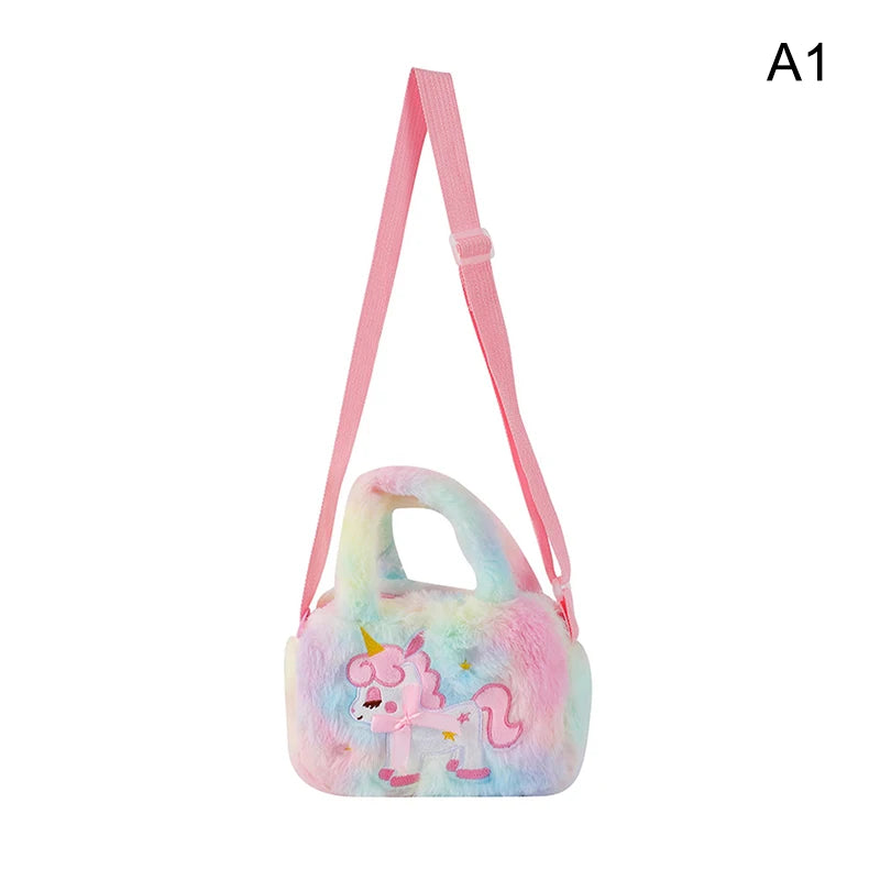 Kid Embroidery Unicorn Plush Crossbody Purses And Handbags Little Girls Rainbow Fluffy Purse Cute Cartoon Furry Shoulder Bag