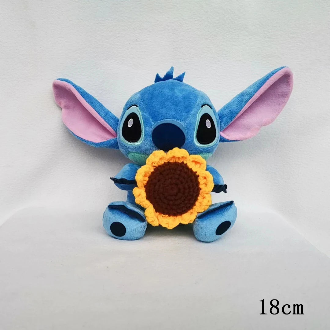 Disney Stitch Stuffed Plush Dolls Hand Woven Sunflower Rose Cartoon Stuffed Anime Blue Pink Plush Toys Christmas Birthday Gift