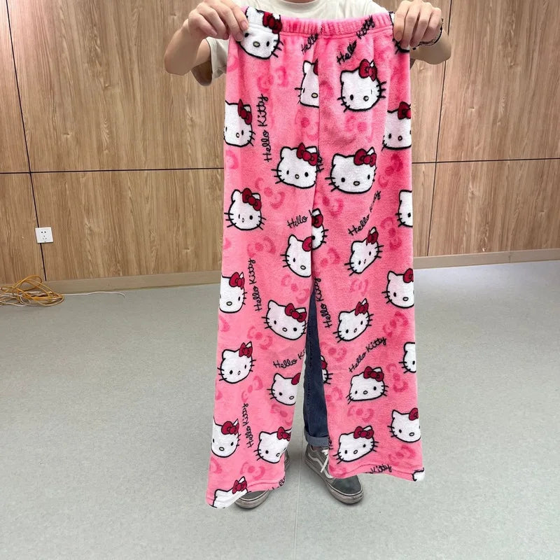 Cartoon Hello Kitty Flannel Sleeping Pants Thick Women'S Autumn And Winter New Style With Added Fleece Warm Casual Home Pants