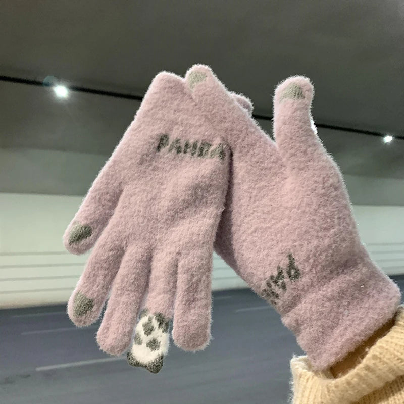 Winter Warm Plush Gloves Cute Cartoon Panda Ring Finger Knitted Gloves Touchscreen Gloves Outdoor Windproof Mittens