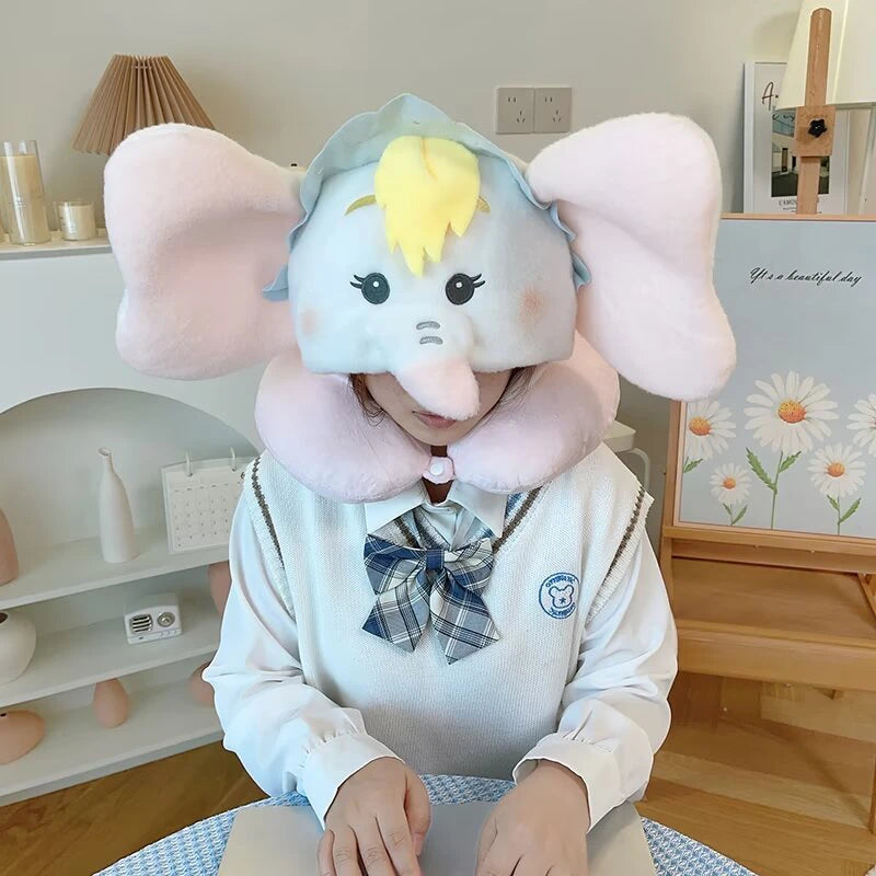 Disney Plush Dumbo Elephant Hooded U-shaped Pillow Stuffed Sanrio My Melody Marie Cat My Sweet Piano Travel Neck Pillow Office