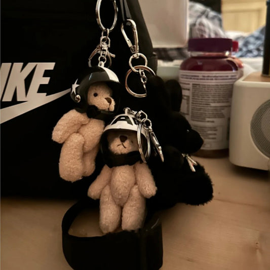 Lovely Helmeted Bear Charm Keychains Y2K Plush Ornament Pendant Car Keyring Backpack Decoration Bag Charm Jewelry