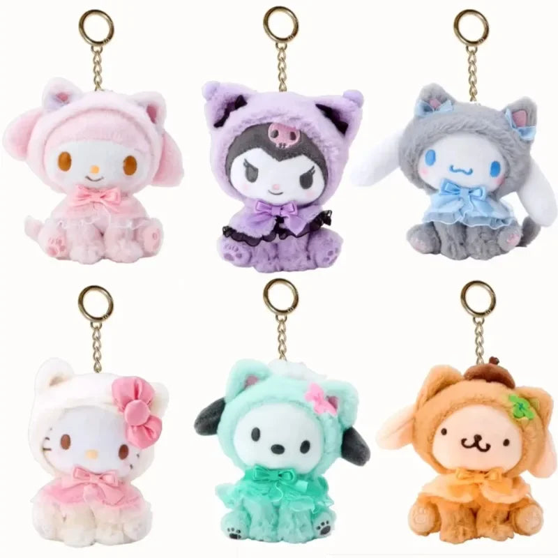 12Cm Sanrio Plush Keychain Hello Kitty Cinnamoroll My Melody Kuromi Small Panda Series Kawaii Plush Toys Backpack Accessories