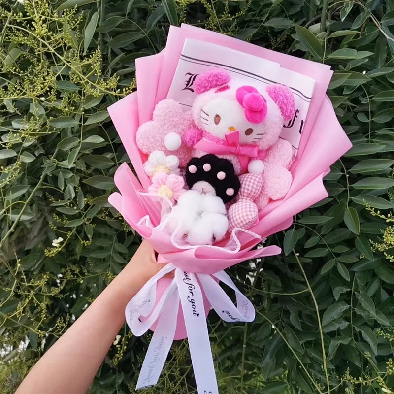 Anime Kuromi My Melody Cinnamoroll Hello Kitty Plush Doll Toy With bowknot Bouquet Valentine's Day Birthday Christmas Gift