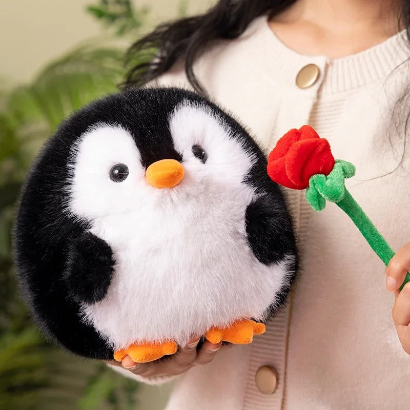 Fluffy Round Penguin Plush Toys Stuffed Baby Doll Animal Couple Penguin Holding Rose Hug Sleep Pillow Creative Birthday Gifts