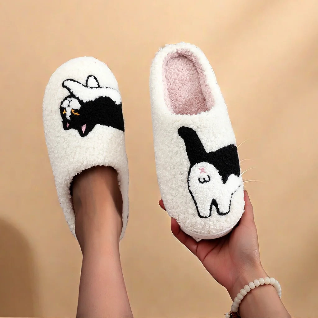 Cow Cat Pet Pattern Embroidery stuffed Home Platform Cozy Wool Cotton Slippers Cute Warm Non-slip Indoor Slippers Pet Mom Gift Catman Men Women Can Wear