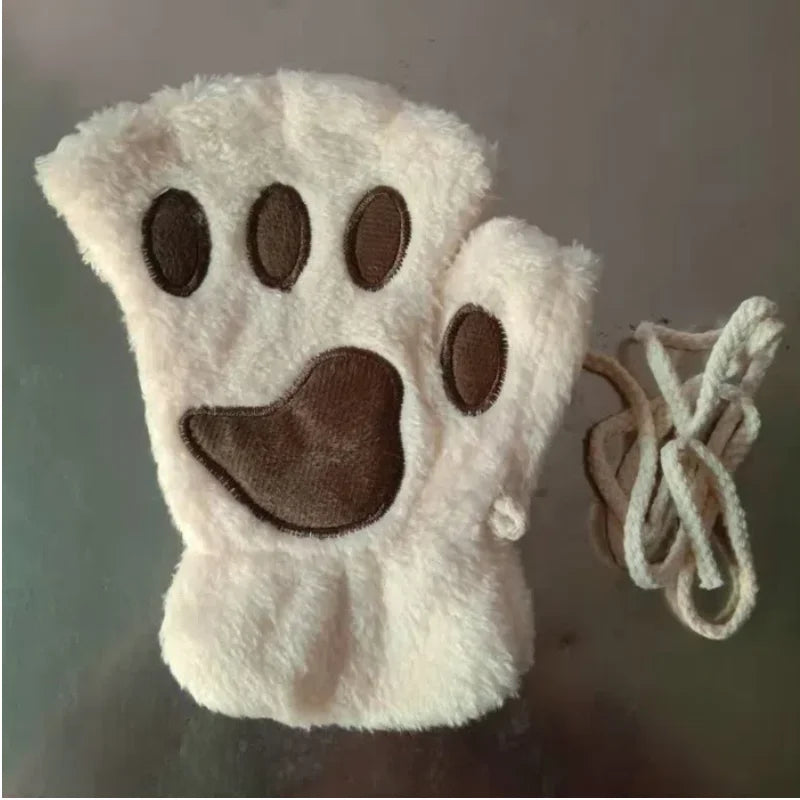 Cartoon Cute Cat Claw Paw Gloves Women Plush Mittens Warm Soft Plush Short Fingerless Fluffy Bear Cat Gloves Costume Half Finger