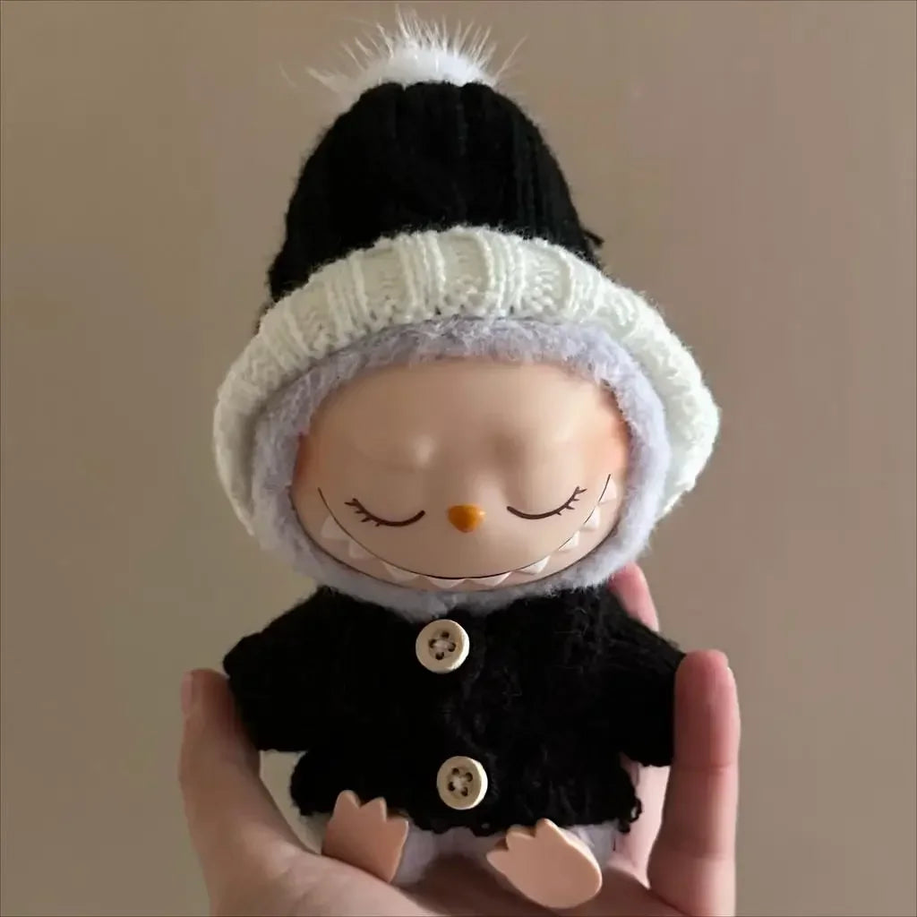 For 17Cm labubu baby clothes vinyl outfit pendant macaron sit party black hairball hat set for labubu black set