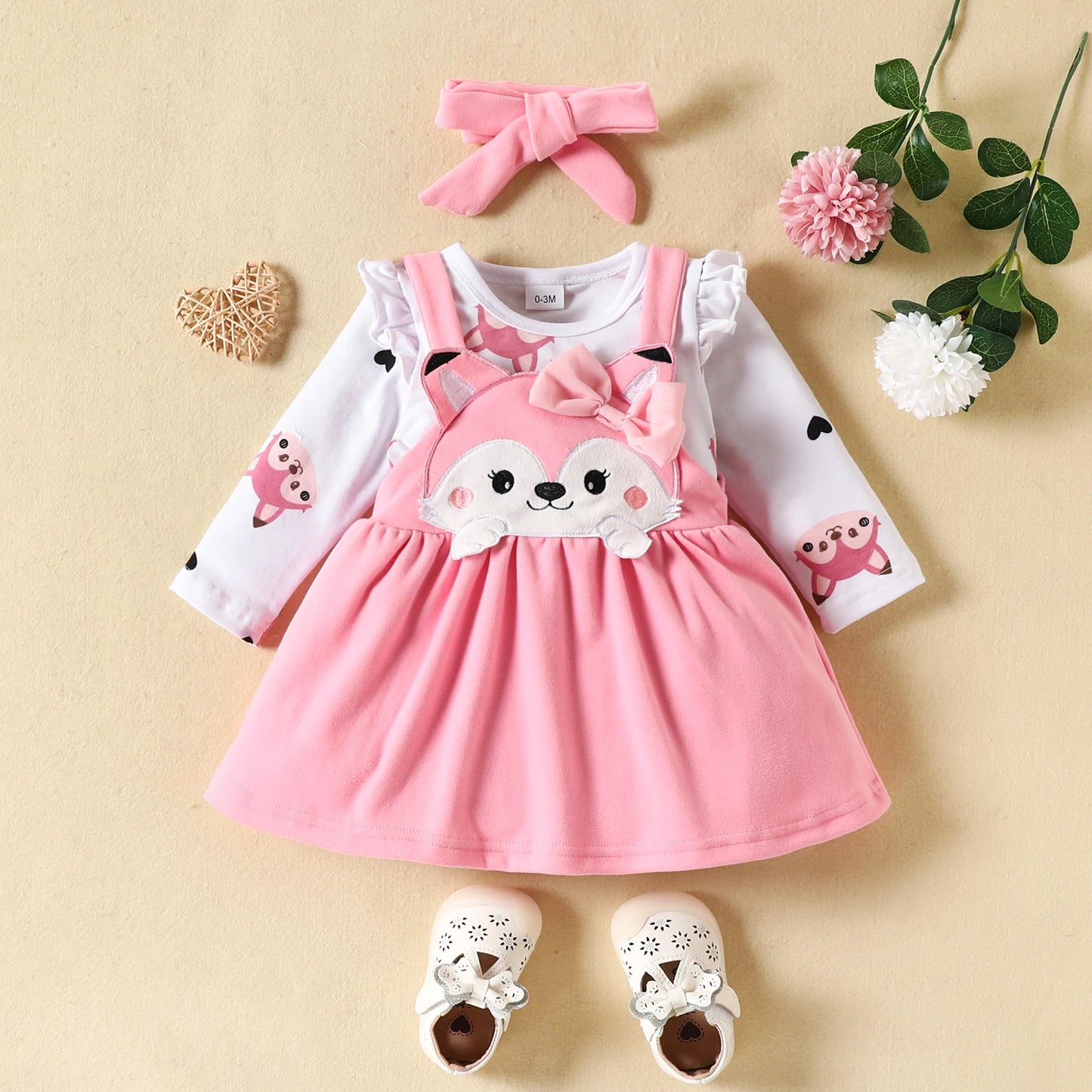 3PCS Baby Girl Fox Print Long Sleeve Onesie with Triangle Bib Fox Plush Embroidery Overall Dress Set