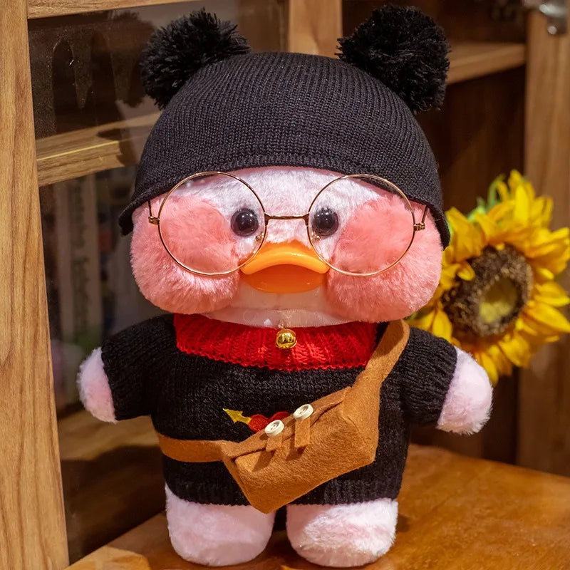 30cm Cute Cafe Pink Duck Stuffed Plush Animals Toy Wear Glasses And Hoodie Soft Doll Girl Birthday Creative Gift For Girls