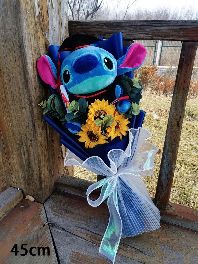 Hot Lilo & Stitch Graduation Plush Bouquet Toys with Sunflower Anime Stuffed Animals Student Graduation Souvenir Birthday Gift