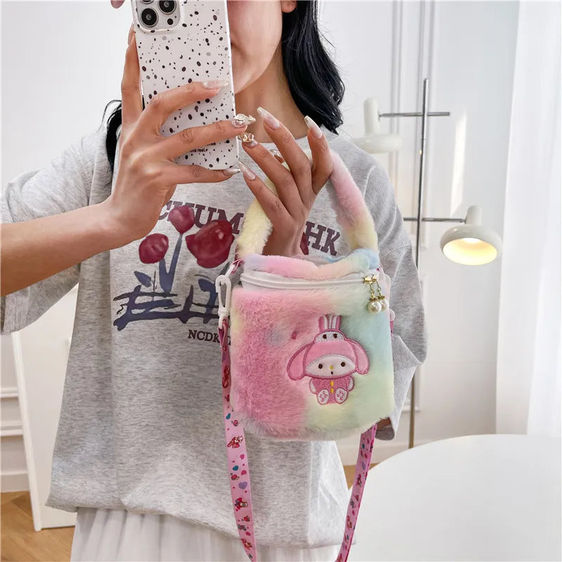 Sanrio Plush Toy Bag Cute Kuromi Doll One Shoulder Handheld Makeup Bag Cross Body Bag Bucket Bag Birthday Gift Wholesale Girl