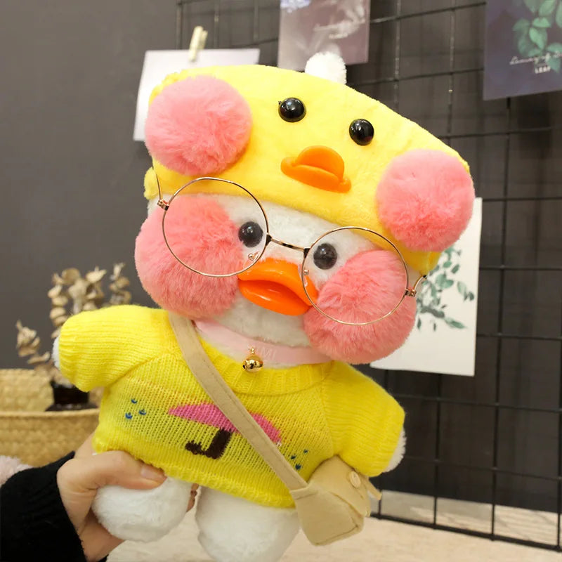 30cm Kawaii Cafe White Duck Stuffed Plush Animals Toy Wear Glasses And Hoodie Soft Doll Girl Birthday Creative Gift For Children