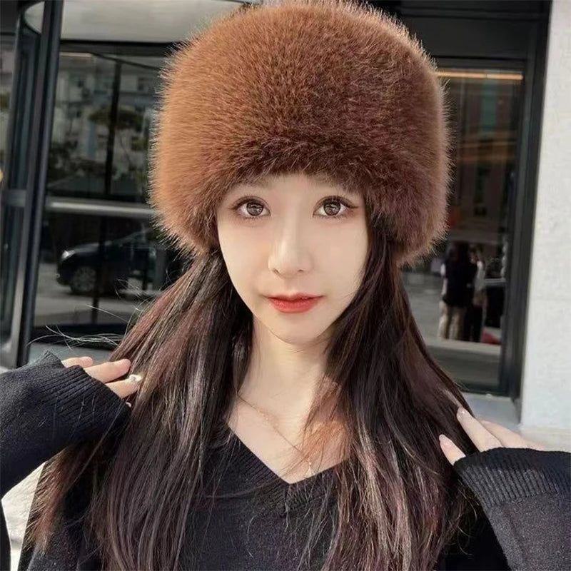 Women Warm Snow Ski Cap Fur Bucket Hat Mongolian Hat Ear Protection Winter Hats Thick Windproof Dome Luxury Plush Fisherman Hat