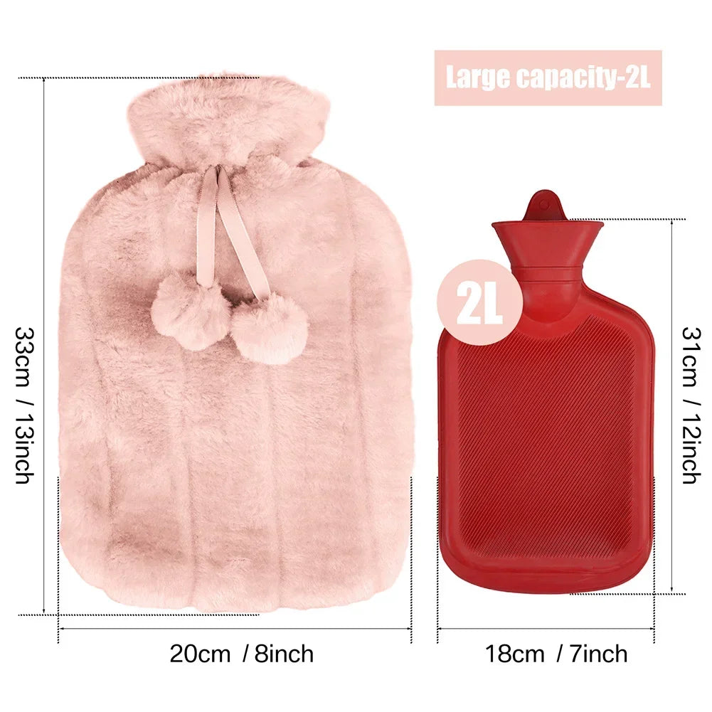 2000ml  Large Hot Water Bag with Thickened Plush Cover Hand Warmer Heat Pack Belly Instant Heat Winter Reusable Heating Bottle