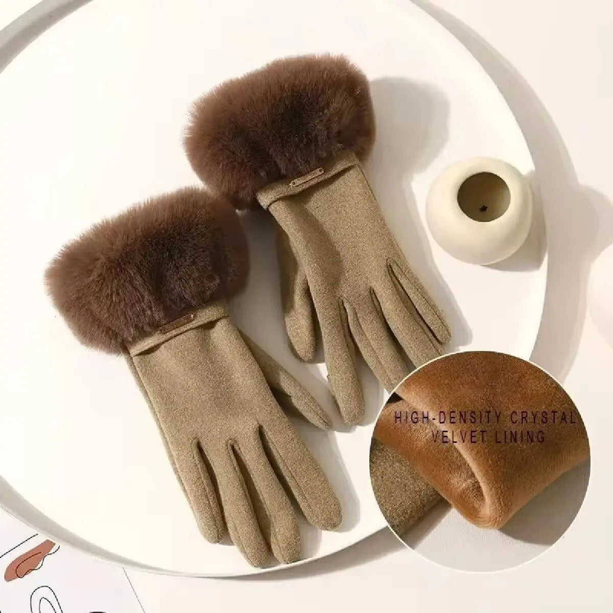 Winter Women Keep Warm Plus Velvet Touch Screen Thicken Plush Wrist Suede Gloves Fashion Personality Elegant Drive Cycling