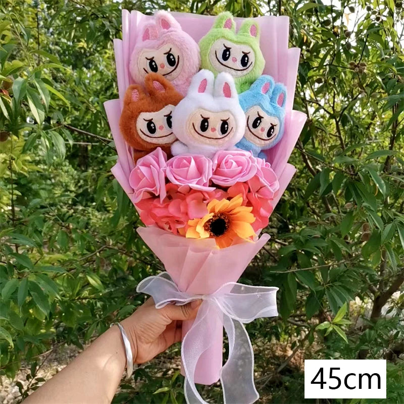 New Labubu The Monsters Box Plush Bouquet  Doll Toy With Sunflower Artificial Flower Bouquet Cartoon Valentine's Day Gifts