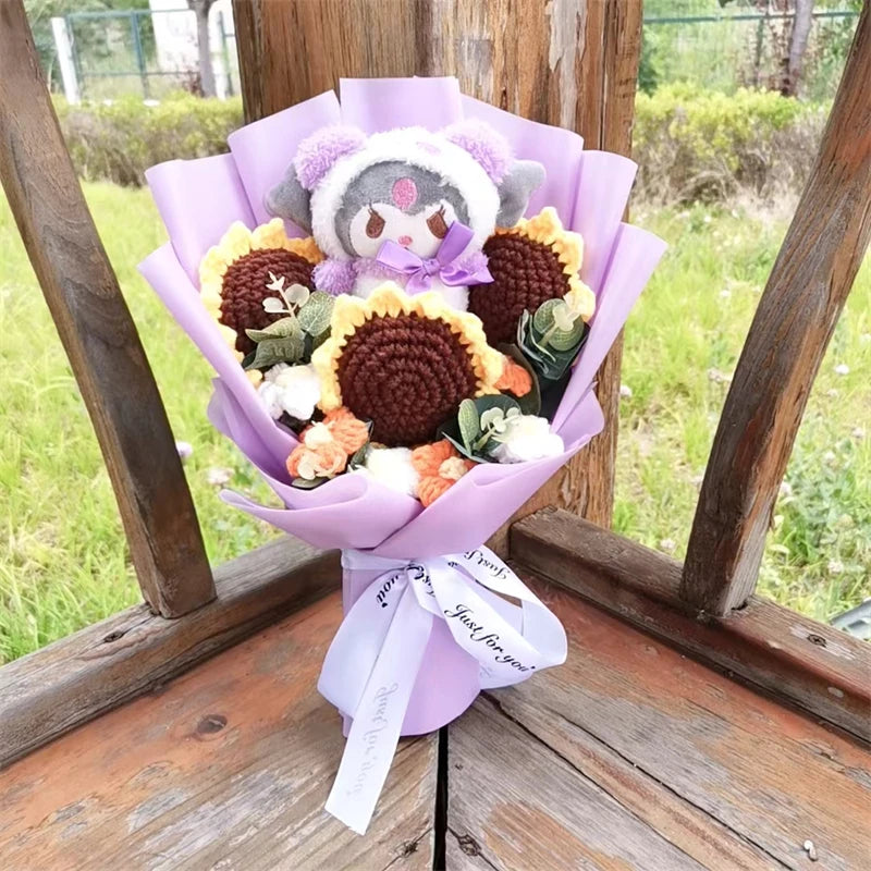 Kuromi Hello Kitty Kuromi My Melody Plush  Bouquet Handmade Knitting Sunflower Gift Valentine's Day Xmas Girl Friend  Gifts