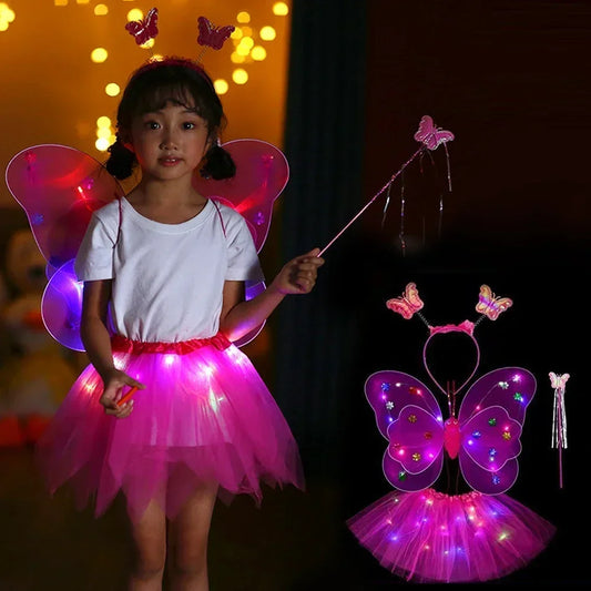 3/4Pcs/Set Double Layers Girls Led Flashing Light Fairy Butterfly Wing Wand Headband Costume Toy Gift Halloween Decoration