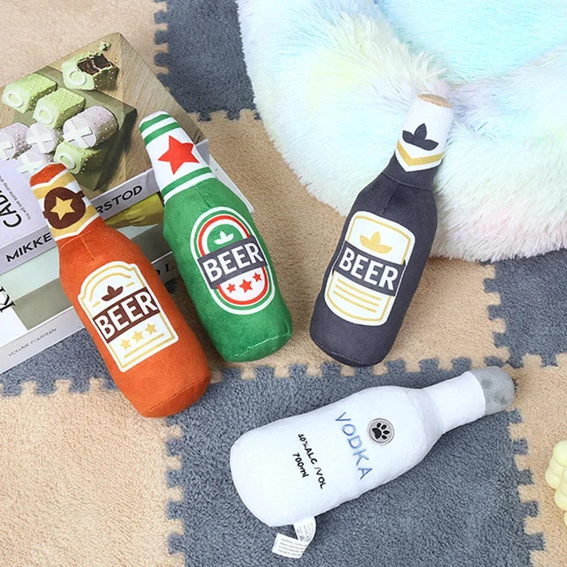 Dog Plush Toys Pet Squeaky Printed Beer Bottle Shape Toy Dog Bite-Resistant Clean Teeth Chew Toy Pet Supplies Interactive Toys