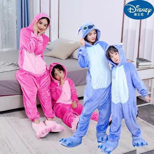 New Disney Stitch Onesie Couple Flannel Sleepwear Unisex Cartoon Animal Pajamas Set Winter Women Men Warm Flannel Hooded Pyjama