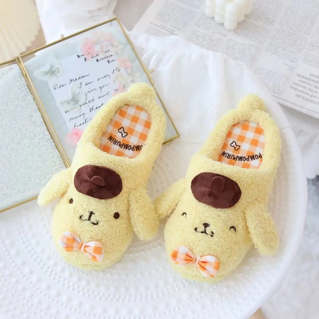 Lolita Cute Slippers My Melody Kuromi Plush Shoes Pom Pom Purin Japanese Style Indoor Shoes For Girl Autumn Winter Flat Non-slip