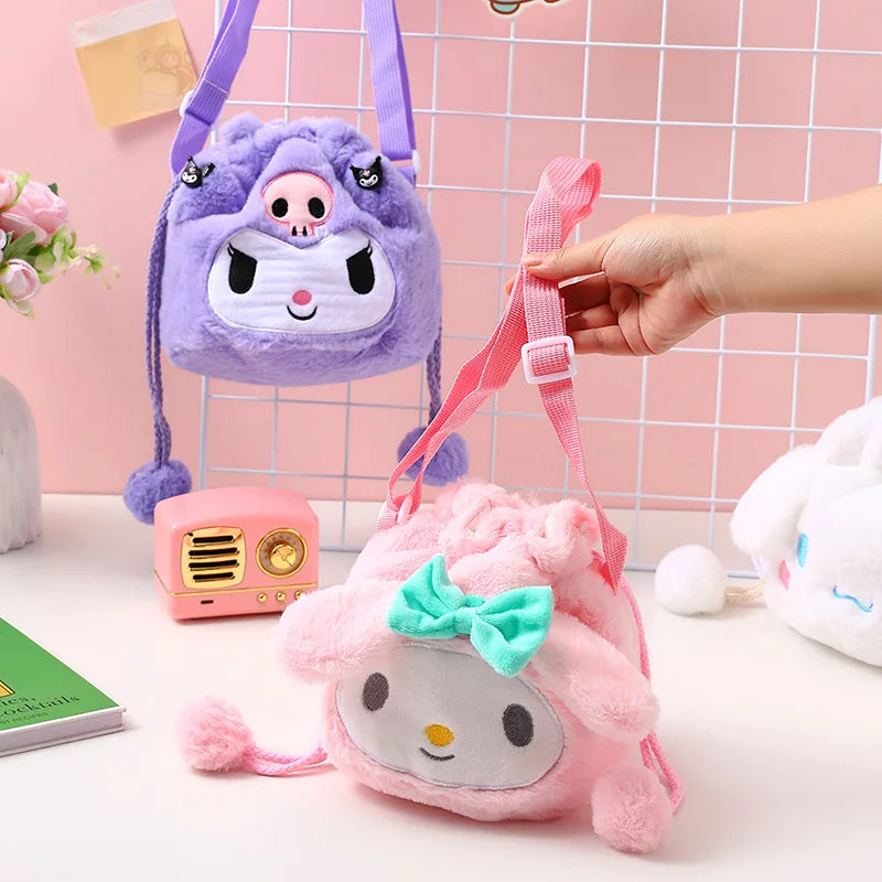 Sanrio Plush Shoulder Bag Cartoon Anime Kuromi Portable Drawstring Bag Cinnamoroll Plushies Toy My Melody Diagonal Package Gift