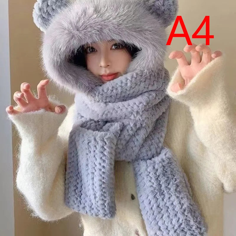 Winter Women Novelty Beanies Caps Warm Bear Ear Hat Casual Plush Hat Scarf Set Casual Solid Color Women Caps Present