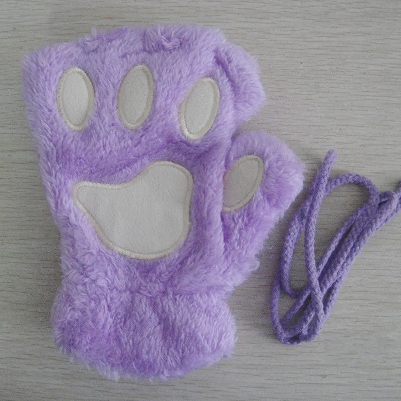 Cartoon Cute Cat Claw Paw Gloves Women Plush Mittens Warm Soft Plush Short Fingerless Fluffy Bear Cat Gloves Costume Half Finger