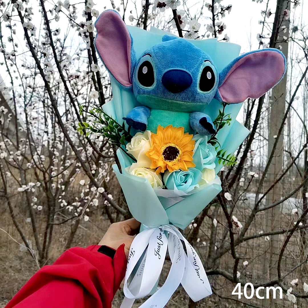 Hot Lilo & Stitch Plush Bouquet With Soap Rose Sunflower Flower Bouquet Cartoon Stuffed Valentine's Day Christmas Birthday Gift