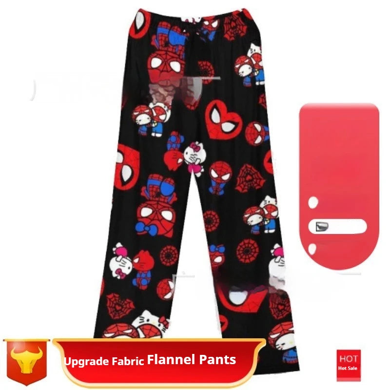 Sanrio Hello Kitty Spider Man Flannel Cartoon Thick Sleepwear For Women In Autumn And Winter Loose And Warm Pants For Wearing