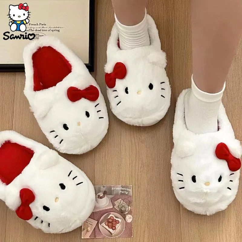 Sanrio Hello Kitty Plush Slippers Anime Sanrio Plush Cotton Slipper Winter Warm Cartoon Cotton Shoes Hello Kitty Slippers Gifts