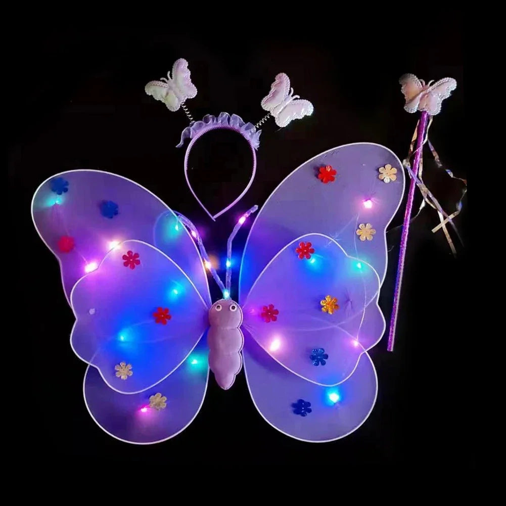 3/4Pcs/Set Double Layers Girls Led Flashing Light Fairy Butterfly Wing Wand Headband Costume Toy Gift Halloween Decoration