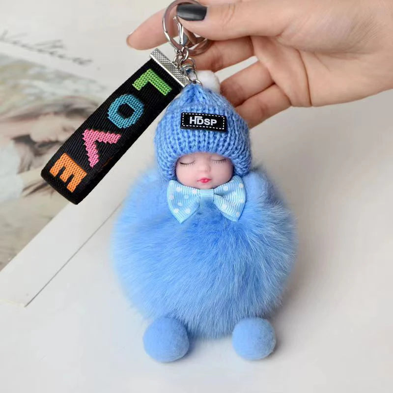 Cute Sleeping Baby Keychain Charm Cute Fluffy Plush Doll Car Keychain Fashion Women's Bag Charm Backpack Decoration Gift