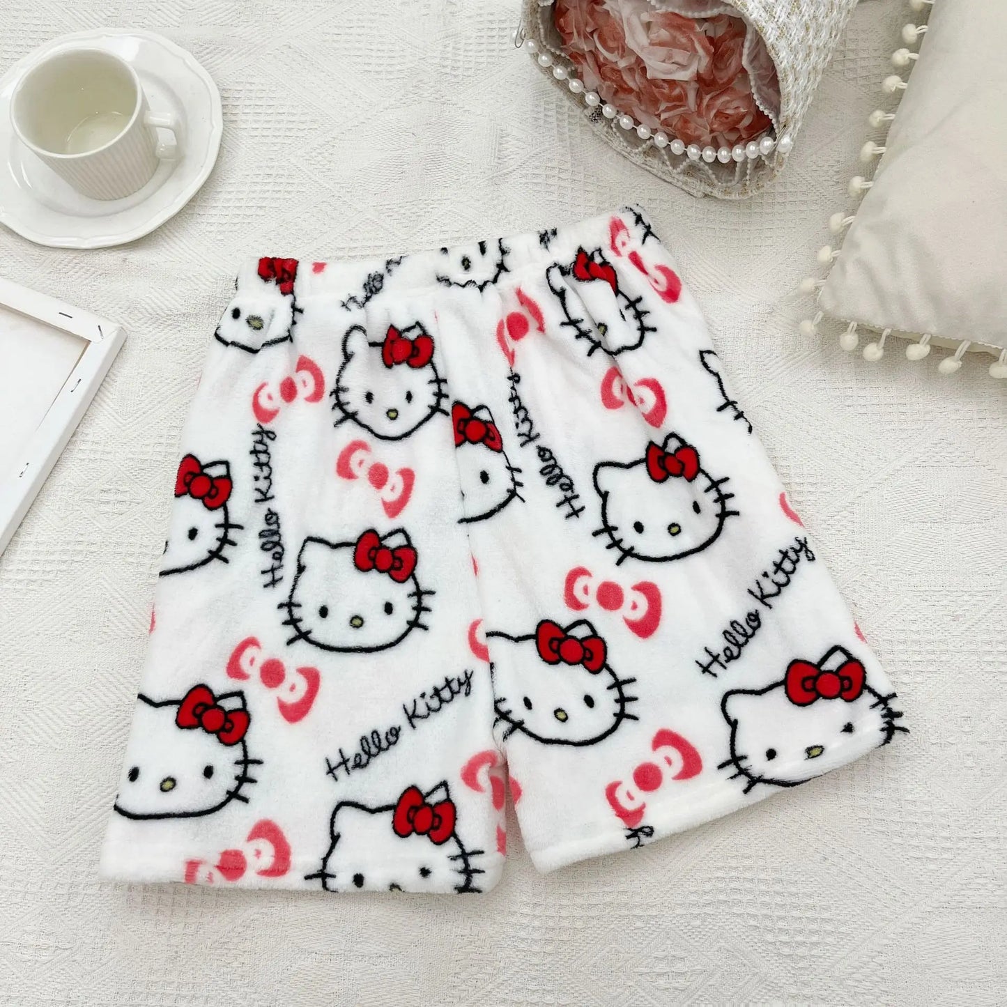 New Sanrio Hello Kitty Kuromi Summer Shorts Cartoon Casual Women's Coral Plush Elastic Soft Shorts Comfortable Home Shorts Gift