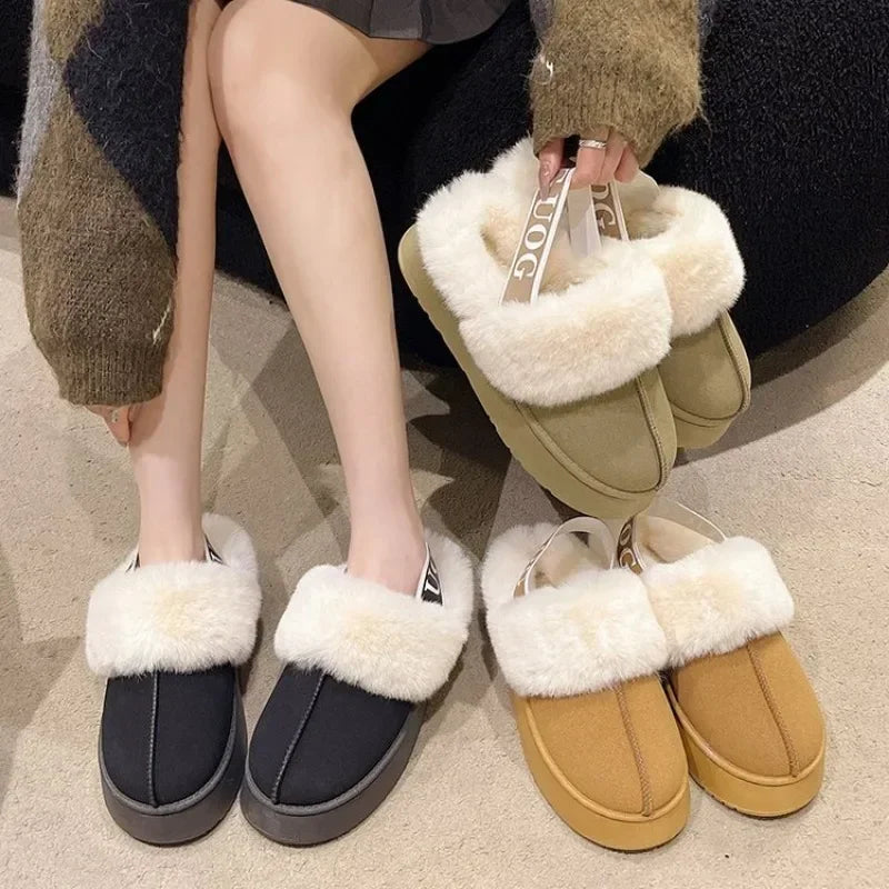 Fashion Platform Women Slippers Casual Home Suede Fur Warm Slingback Flip Flops Hot Sale Brand Plush Cotton Slippers Flats Shoes