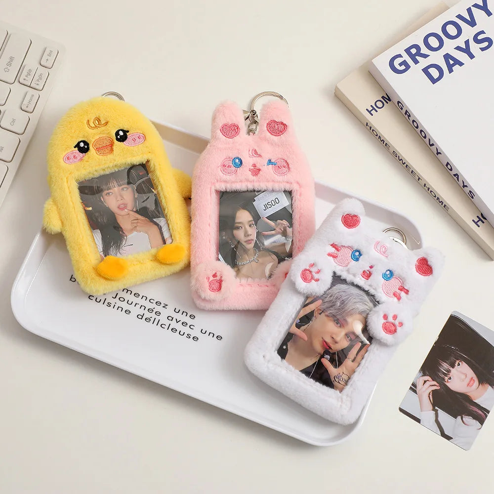 INS Cute Plush Dog Rabbit Photocard Holder Keychain Kpop Idol Photo Card Case Photo Bank Card Protective Case Display Holders