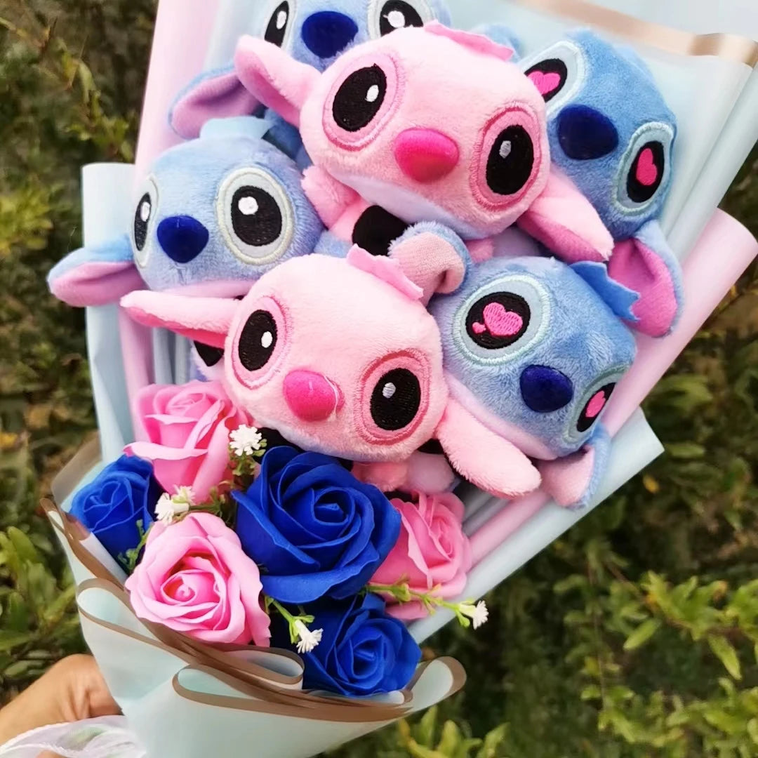 Disney Lilo Stitch Plush Bouquet With Soap Rose Flower Anime Stuffed Animals Home Decoration Valentine Christmas Gift